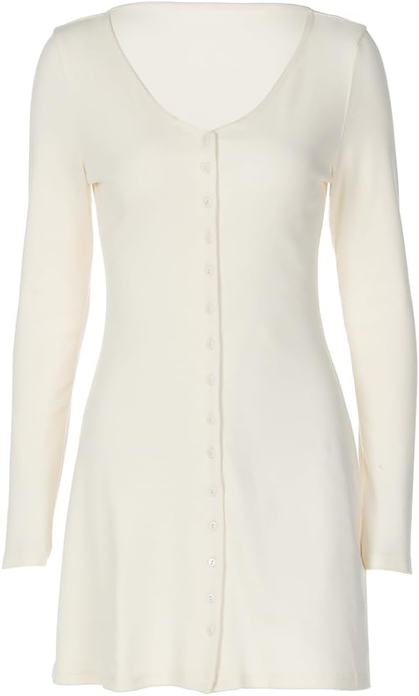 Women Deep V Neck Button Down Mini Dress Casual Slim Fit Long Sleeve Ribbed Knitted Flowy Going Out Short Dress - Image 6