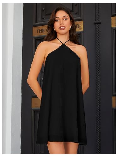 Image of OYOANGLE Women's Summer Beach Dresses Sleeveless Halter Tie Back Solid Backless Flared Short Dress