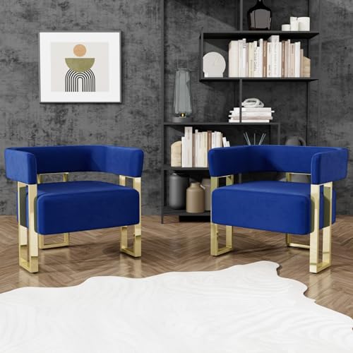 STHOUYN Modern Navy Blue Velvet Accent Chair Set of 2, Barrel Chairs Set of 2, Arm Side Chairs for Living Room Bedroom (2, Blue)