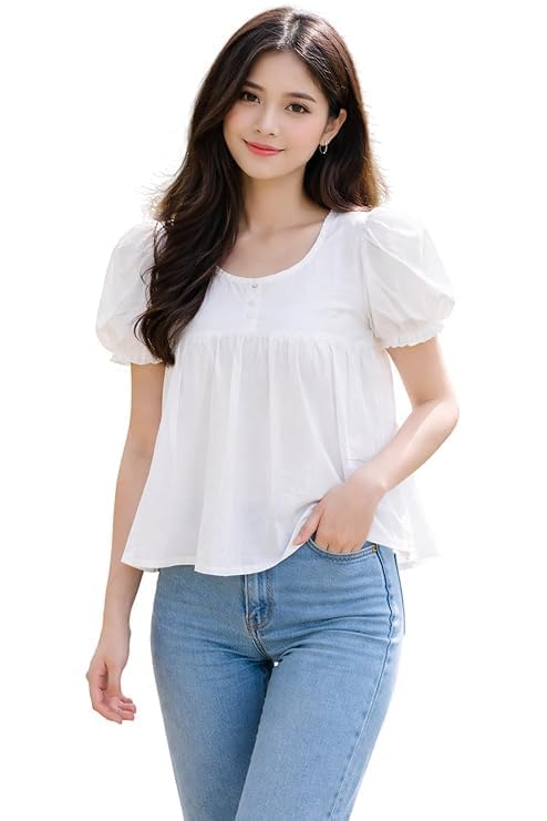 Women's Cotton Puff Sleeve Peplum Top | Round Neck Short Sleeve Ethnic Casual Tunic | Flared Hip Length Regular Fit Top for Office, College, Casual Outings-picture-26