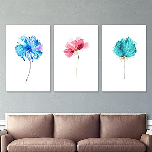 Tableau fleurs aquarelle salon moderne triptyque chic rouge et bleu - 3