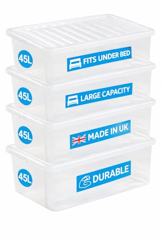 RelianceUK 4 X 45L Under bed Storage Boxes With Lids | Multipurpose Clear Plastic Box for Clothes Shelves | Stackable Heavy Duty Large Containers for Home Office Kitchen (45 Litre(Underbed) / 4 Pack)