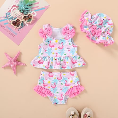 Happy Town Toddler Swimsuit Baby Girl Bathing Suit Sleeveless Bow Floral Bikini Top Ruffle Shorts with Hat Beach Swim Wear2