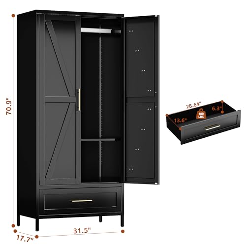 Image of SUPEER Metal Wardrobe Closet with Drawer & Hanging Rod 71 inch Tall Armoire Storage Cabinet for Bedroom, Laundry & Garage, 1 Drawer + Adjustable Shelf, Anti-Tilt Design, Black, Required Assembly