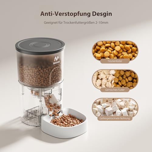 IMIPAW Futterautomat Katze, Katzenfutter Automat mit Programmierbarem Timer, Einfache Bedienung, 1-6 Mahlzeiten pro Tag, Futterspender für Katzen und Hunde, 3L