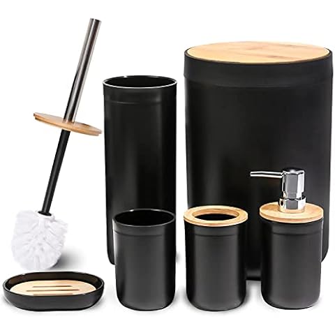 MissFox 6-teiliges Badezimmer Set, Seifenspender Zubehör Set aus Bambus, Badezimmer Accessoires Set mit Lotionspender, Mülleimer, Seifenschale, Toilettenbürste, Zahnbürstenhalter und Zahnputzbecher Cover