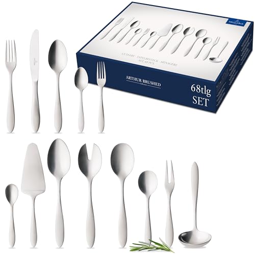 Villeroy & Boch - Arthur Besteckset 68 tlg. Silber/Platin, Spülmaschinenfest, Rostfrei, Besteck Set 68 teilig, Gabel, Messer, Löffel, Essbesteck...