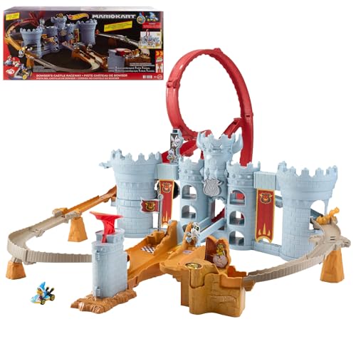 Hot Wheels Mario Kart Castillo de Bowser Conjunto de juego de pistas y coche de juguete metálico a escala 1:64 de Kamek, juego interactivo, capacidad para almacenar más de 30 vehículos, JHD24