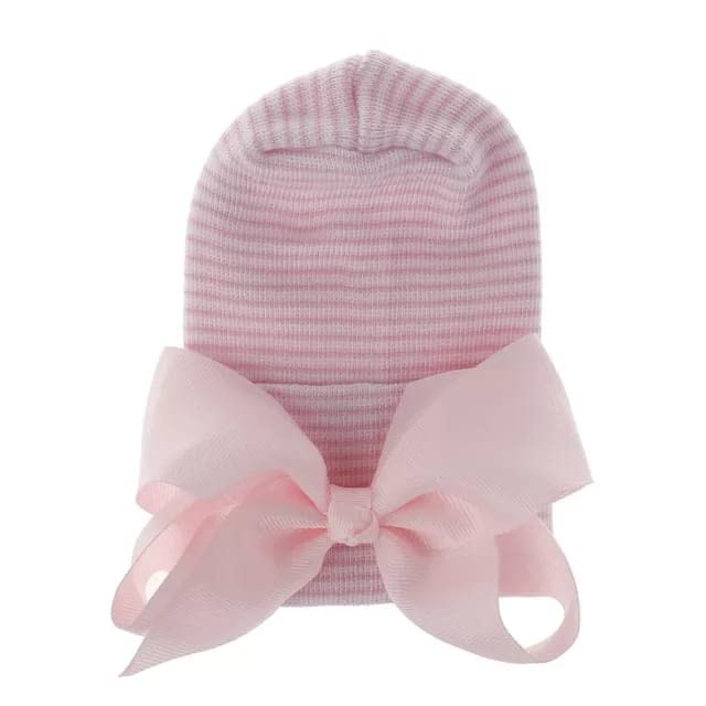 Newborn Hospital Hat with Bow/Baby Bow Beanie Hat/Unique Newborn Baby Hat/Perfect for Hospital Photo (Pink Hat Pink Bow)