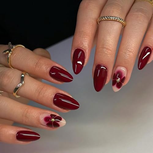 LunarCharm 24 pièces ongles pressions pourpre vin à coller, fleurs rouges ongles artificiels, ongles faux durables pour nail art DIY, pour fêtes, mariages et plus