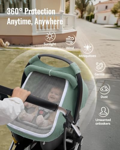 Sonnenschutz Babyschale mit Sichtfenster, 2-in-1 Muslin Bezug mit UV Schutz 50+, Insektenschutz & Stilltuch, Passend für Maxi Cosi, Cybex, Joie – Für Babyschale, Kinderwagen, Fahrradanhänger (grün)