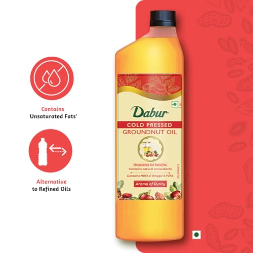 Image of Dabur Pure & Unrefined Cold Pressed Groundnut Oil | 1L (Pack of 2x1L ) | Naturally Cholesterol Free | 1L | Rich Aroma & Flavour of Authentic Groundnuts | Contains Natural Antioxidants | Finest Quality Groundnuts | Naturally Rich in Unsaturated Fats