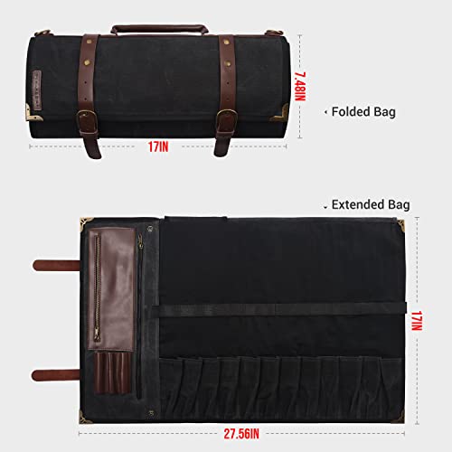 Manjushri Elegant And Light 12 Slots Professional Waxed Canvas & Genuine Leather Chef Knife Roll Bag Case With 4 Zipper Pouch Knife Organiser (Walnut Brown) #TOP7