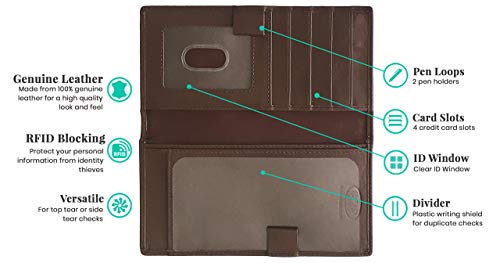 Walnut RFID Leather Checkbook Cover With Credit Card Slots and Pen Holder