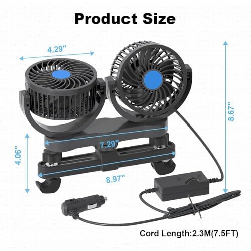 12V DC Rear Seat Cigarette Lighter Fan, Low Noise Dual Head Air Circulation Car Seat Fan, Infinitely Variable Speed, 360°Degree Rotation Portable Truck Fan, Suitable for Truck,Van, SUV,RV