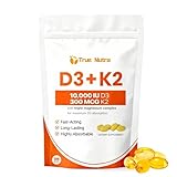 true nutra D3 K2，Vitamin D3 K2 10,000 IU Magnesium Supplement, Non-GMO, Gluten-Free,Enhance Energy，300 Coconut Oil Softgels (1PCS)