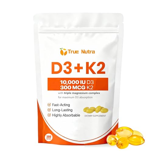 true nutra D3 K2，Vitamin D3 K2 10,000 IU Magnesium Supplement, Non-GMO, Gluten-Free,Enhance Energy，300 Coconut Oil Softgels (1PCS)