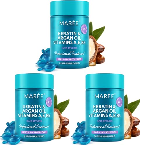 Image of MAREE Hair Serum for Frizzy Dry Hair - Styling Capsules with Keratin, Argan Oil, Vitamins A E B5 - UV & Heat Protectant Frizz Control Serum for Women - Aceite Para el Cabello Treatment (Pack of 3)
