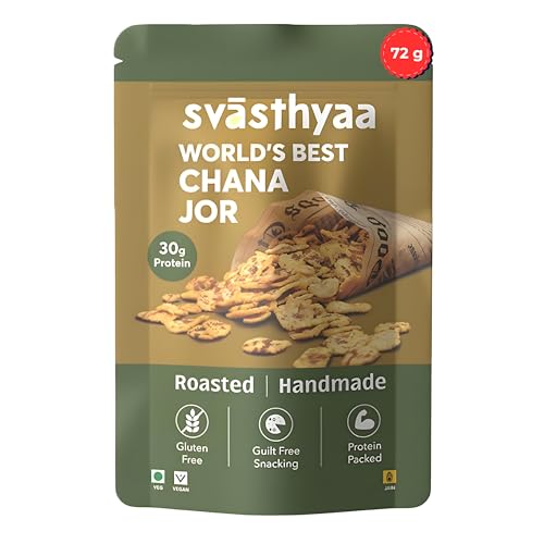 Image of Svasthyaa Roasted Chana Jor Garam Healthy Indian Snack for Kids & Adults | Crispy Channa Namkeen | High Protein, Gluten Free | Vegan Jain Snack with Sea Salt & Hing | No Palm Oil, No Added Sugar | Travel & Office Roasted Snack | 72g