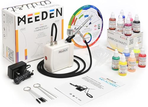 MEEDEN Mini Airbrush Set mit 1.8m Luftschlauch: Dual-Action Air Brush Pistole, Auto Stop Kompressor, 12 x 30ml Acryl Farbset, Reinigungsbürste für Modelllackierung, Tattoo, Graffiti - Weiß