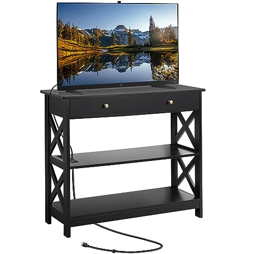 Yaheetech TV Stand with Power Outlet, Entertainment Center with Drawer, 39.5″ Media Console Table for TV up to 45 inch with 2 Open Shelves for Bedroom, Living Room, Entryway, Black