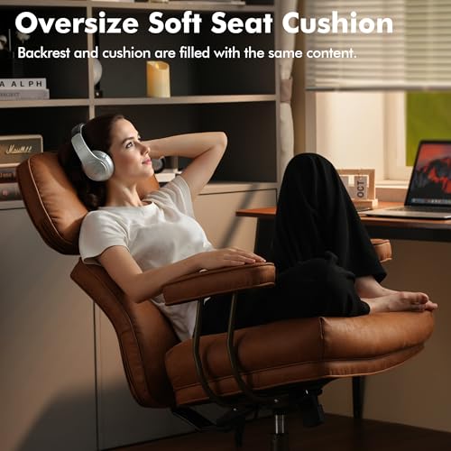 Image of Brown Leather Home Office Chair, Ergonomic High Back Executive Chair with Deep Seat Thick Cushion, Mid Century Modern Big and Tall Computer Desk Chair with Lumbar Support (Light Brown Suede)