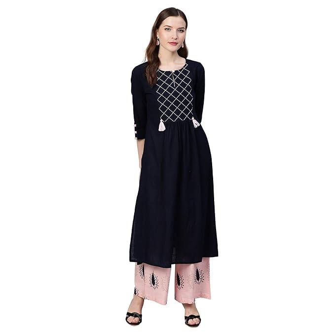 Image of idaLia Cotton Straight Kurta Set for Women with Palazzo 3 /4 Sleeve, Round Neck Designer Kurta with Palazzo Pant Set