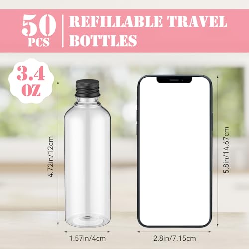 50 Pack 3.4 oz Travel Bottles Plastic Empty Bottles Leak Proof with Aluminium Screw Cap Portable Dispensing Squeeze Refillable Containers for Travel Liquid Essential Oil (Black)2