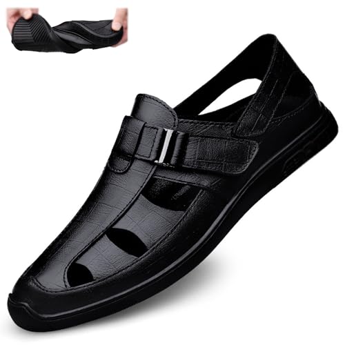 Men's Genuine Leather Hollow-Out Business Sandals,Adjustable Closed Toe Flat Fisherman Shoes,Summer Outdoor Casual Anti-Slip Beach Sandals
