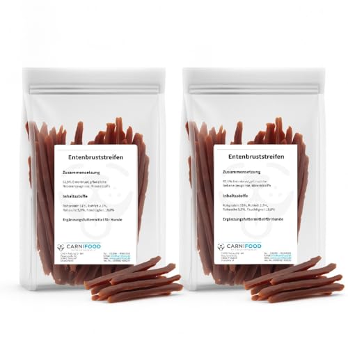 Carnifood® 1 kg Entenbrustfilet-Streifen| getreidefrei | fettarm | 2x500g Leckerli im Wiederverschließbarem Beutel | Entenfleisch Snack