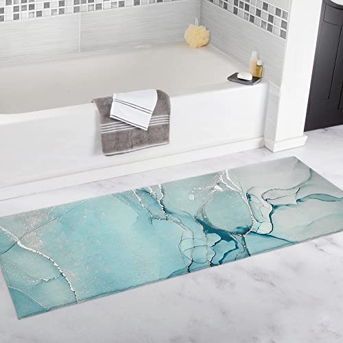 Marble Texture Kitchen Mat Set Of 2, Blue To Grey Light Granite Silver Cracked Abstract Microfiber Kitchen Rug Tpr Non-Slip Backing Doormat Runner Rug Set Comfort Floor Mat, (16" X 24"+16" X 48") #TOP3