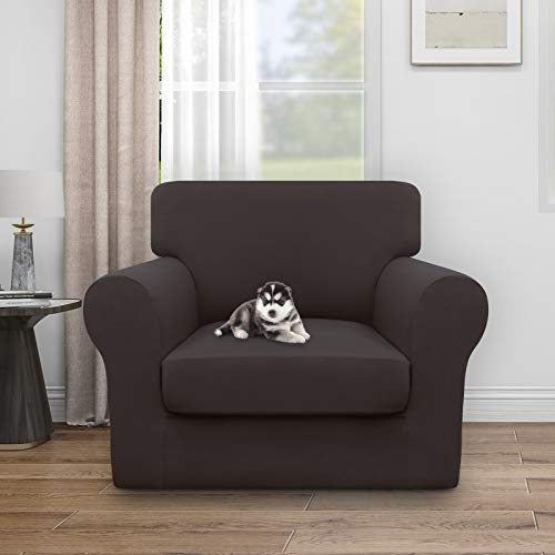 Image of Easy-Going Waterproof 2 Pieces Chair Cover Couch Covers for Sofa | Stretch Spandex Sofa Cover Protector Elastic Bottom for Cushion Couch Dog Pet Friendly Living Room Chocolate
