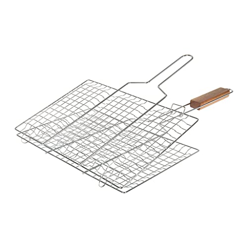 RUECAB - Grille de Barbecue Double Quadrillé Inox Poignée Bois Argent , 22 x 34 cm, NC
