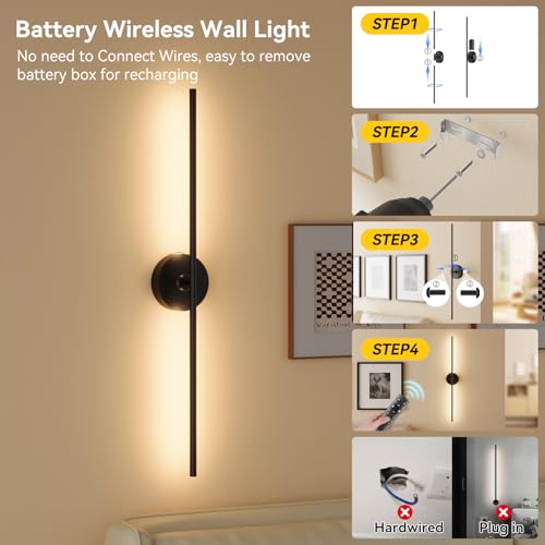 Image of Ouyulong Battery Operated Wall Sconces Set of 2, 8000mAh Wireless Rechargeable 3000-6000K Dimmable 350 Rotate Wall Light with Remote for Living Room, Bedroom 31.6in Black