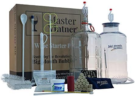 Master Vintner Wine Making Equipment Starter Kit with Plastic Big Mouth Bubbler and Glass Carboy