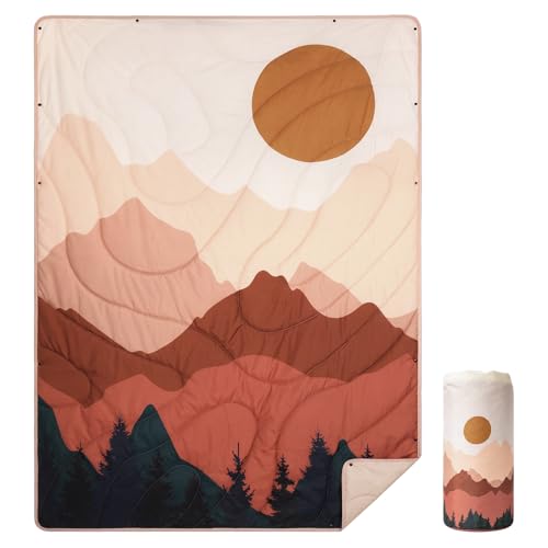 CrystalSylara Outdoor Puffy Camping Blanket, Abstract Sunset Packable Down Alternative Puffy Printed Wearable Blanket with Snap Buttons & Corner Loops Weatherproof Quilt for Outdoor Travel Stadium