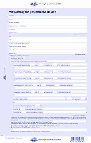 AVERY Zweckform 2874-5 Mietvertrag für gewerbliche Räume (Vertrag mit Vereinbarung über Mietzweck, Konkurrenzschutz und Werbemaßnahmen, 6-seitiges Formular in A4, selbstdurchschreibend) 5 Stück, blau