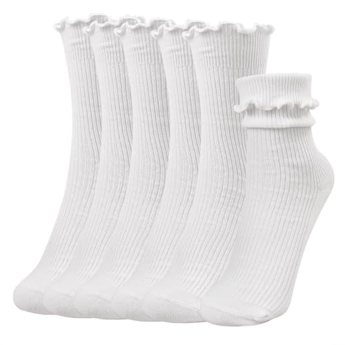 Image of Women's Ruffle Socks - White Cute Ruffled Ankle Socks for Women - Made with premium quality material - Size suitable for shoe size 5 to 9 - Pack of six pairs