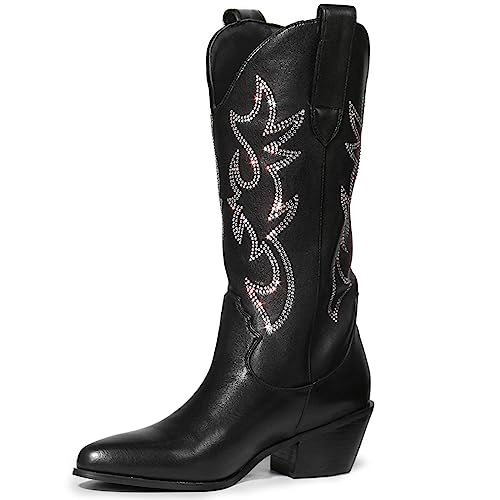 MUCCCUTE Cowboy Boots for Women Cowgirl Boots Wide Calf Pointed Toe Embroidered Fashion Western Chunky Pull On