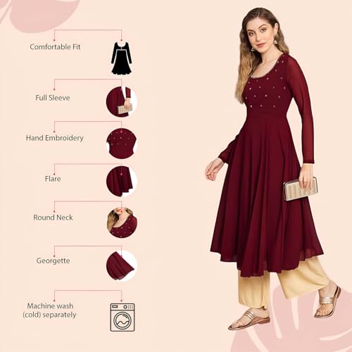 Image of PH POSHAKHUB Georgette Regular Fit Hand Embroidery Anarkali Kurta Set for Women, Yoke Anarkali Kurta for Woman, Ankle Length Anarkali Suit for Women, Full Sleeve Kurti, Dress for Woman
