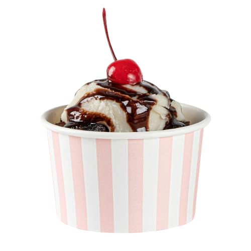 Image of Coppetta 5-Ounce Dessert Cups, 50 Disposable Ice Cream Cups - Lids Sold Separately, Striped, Pink And White Paper FroYo Bowls, For Hot And Cold Foods, Perfect For Gelato Or Mousse - Restaurantware