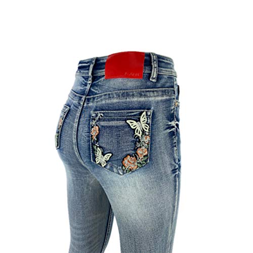Women's High Rise Stretch Embroidered Sequins Slim Skinny Denim Jeans Tenths Pants (Sj0007, Tag Size: 16) #TOP6