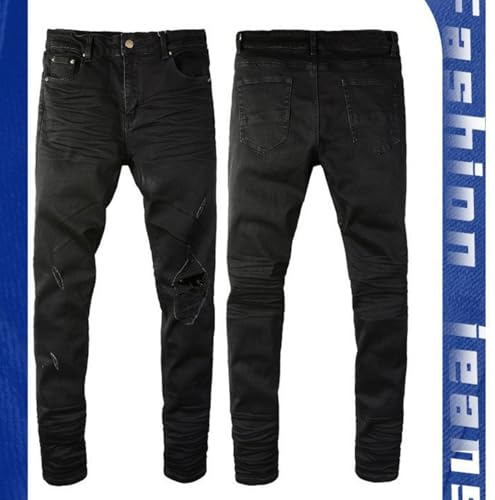 Jeans Pants Trousers Denim Men Stretch Tight Fit Slim Street Trendy Black Wear and Tear Hole Patch Casual Small Leg(Black,33)4