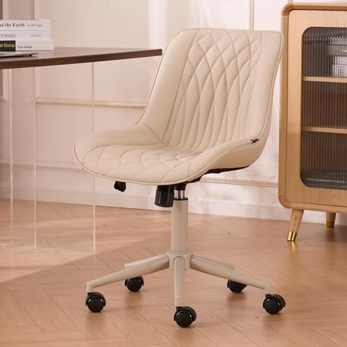 Image of YOUNIKE Faux Leather Office Desk Chair Comfy Vanity Chair Armless Cream | Ergonomic Upholstered Rocking Back, Swivel with Wheels, Height Adjustable, Modern Task Chair For Computer Sewing Drafting