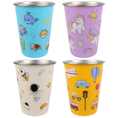 Fiotha 4 Stück Kinderbecher aus Edelstahl 350ml Edelstahlbecher Kinder Wiederverwendbarer Trinkbecher für Kinder Trinkbecher Kinder mit Aufbewahrungsbeutel für JungenMädchen (4 Farben Design)