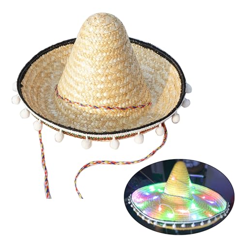Chapeau de festival mexicains traditionnel en paille tressée avec bordure phosphorescente