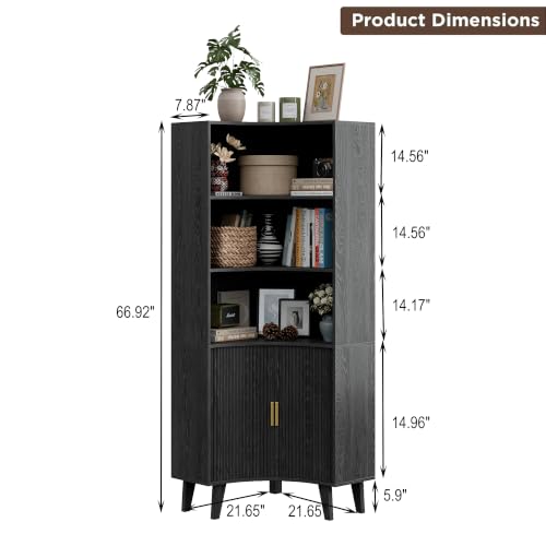 Image of Tall Corner Cabinet with Fluted Doors, 5-Tier Coffee Bar Cabinet | Narrow Storage Cabinets with Adjustable Shelves, Bathroom Organizers and Storage for Small Space, Black
