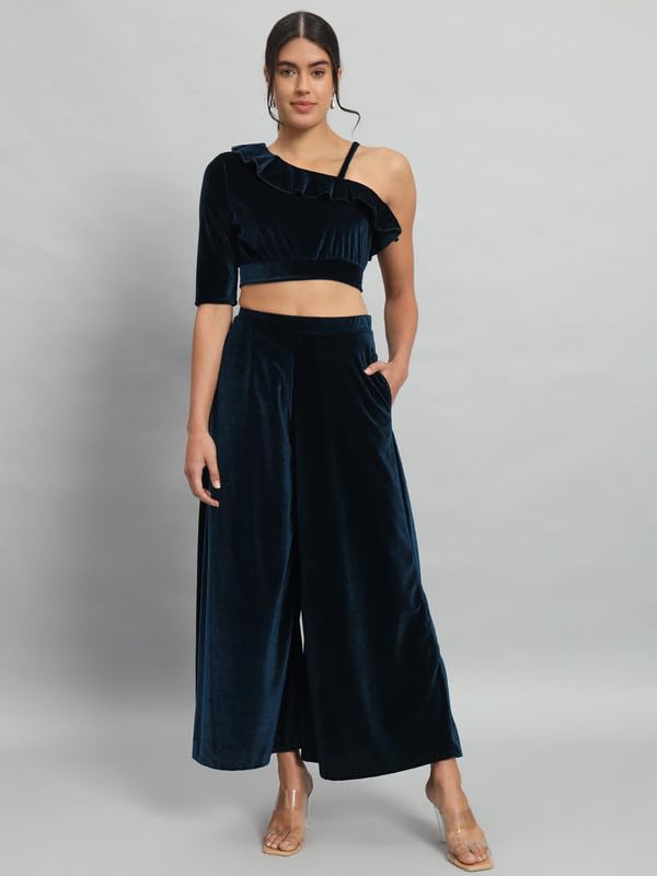 Image of Vaararo Velvet Co-Ords for Women | One Sleeve Crop Top with Palazzo Set Casual Party Dress