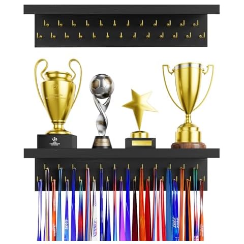 DSVENROLY Medal Holder Display Trophy Shelf Organizer,Sturdy Wooden Medal Trophy Hanger Rack with 25 Steel Hooks, Wall Mount Medal Hanger for Race Medals Trophies(2Pc, Retro Grey) Cover