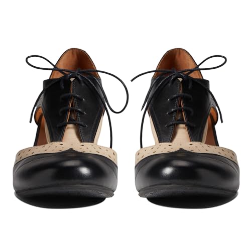 SHODENSE Women Chunky Heel Oxford Brogues Round Toe Lace Up Oxford Heels Cut Out 2 inch Stacked Block Heel Oxford Sandals Perforated Two Tone Vintage Retro Office Party Summer 4-11 M US3